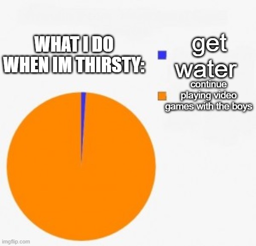 y e s | get water; WHAT I DO WHEN IM THIRSTY:; continue playing video games with the boys | image tagged in pie chart/ percentage | made w/ Imgflip meme maker