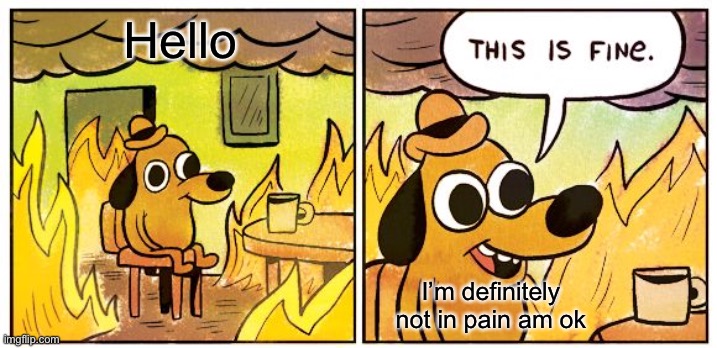 This Is Fine Meme | Hello; I’m definitely not in pain am ok | image tagged in memes,this is fine | made w/ Imgflip meme maker