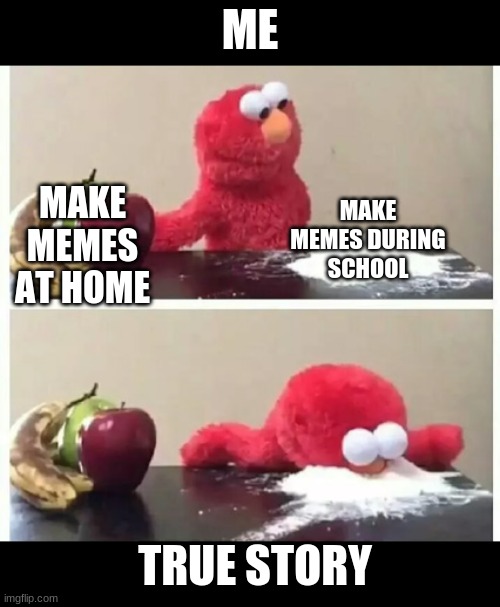 elmo | ME; MAKE MEMES DURING SCHOOL; MAKE MEMES AT HOME; TRUE STORY | image tagged in elmo | made w/ Imgflip meme maker