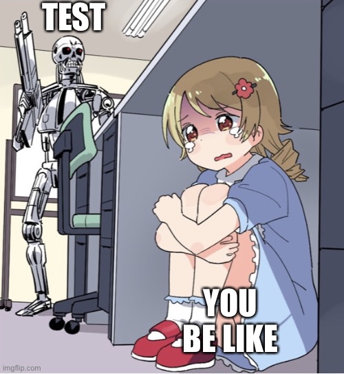 Anime Girl Hiding from Terminator | TEST; YOU BE LIKE | image tagged in anime girl hiding from terminator | made w/ Imgflip meme maker