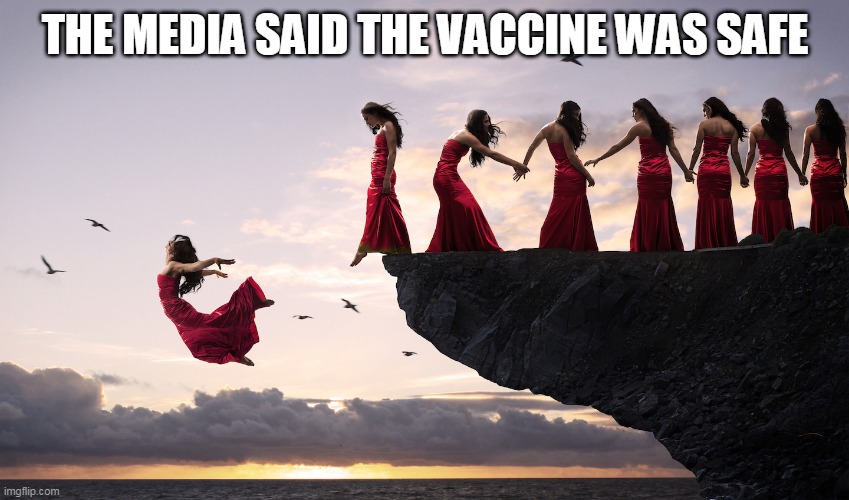 Women falling for vaccines | THE MEDIA SAID THE VACCINE WAS SAFE | image tagged in women falling,vaccines,shots,covid | made w/ Imgflip meme maker