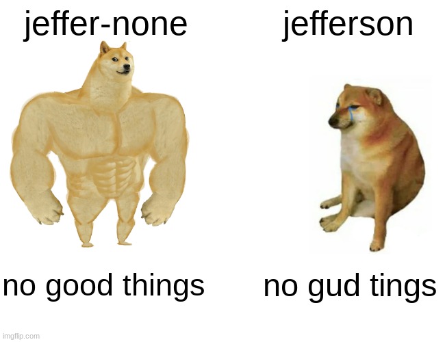 oi | jeffer-none; jefferson; no good things; no gud tings | image tagged in memes,buff doge vs cheems | made w/ Imgflip meme maker