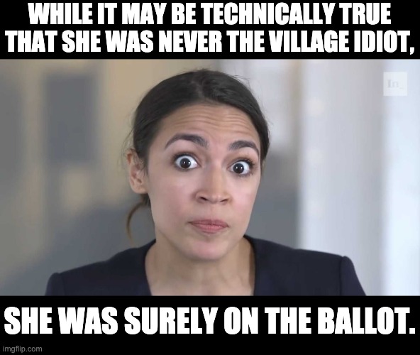 Village idiot | WHILE IT MAY BE TECHNICALLY TRUE THAT SHE WAS NEVER THE VILLAGE IDIOT, SHE WAS SURELY ON THE BALLOT. | image tagged in aoc stumped | made w/ Imgflip meme maker