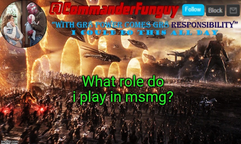 Trend time | What role do i play in msmg? | image tagged in commanderfunguy announcement template | made w/ Imgflip meme maker