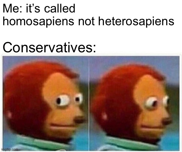 It’s the Bible not the straightble | Me: it’s called homosapiens not heterosapiens; Conservatives: | image tagged in memes,monkey puppet,lgbtq,funny,why are you reading this | made w/ Imgflip meme maker