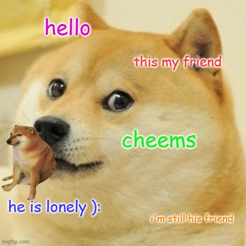 Doge | hello; this my friend; cheems; he is lonely ):; i'm still his friend | image tagged in memes,doge | made w/ Imgflip meme maker