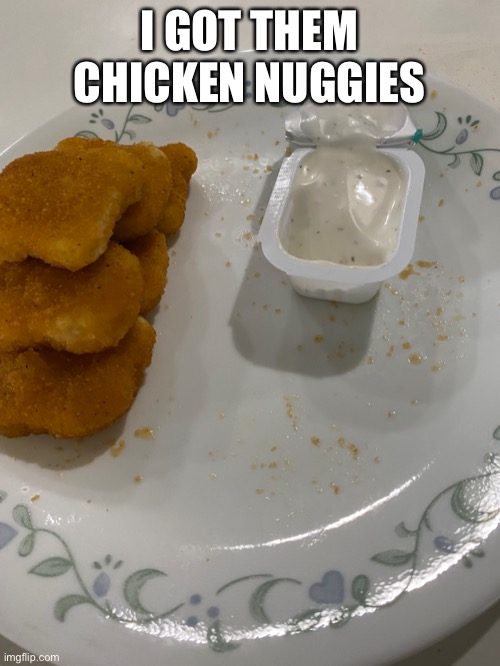 You put 6-8 nuggets in a circle on a plate for 3 min in the microwave to cook em so that’s why the plate is filled with crumbs | I GOT THEM CHICKEN NUGGIES | made w/ Imgflip meme maker