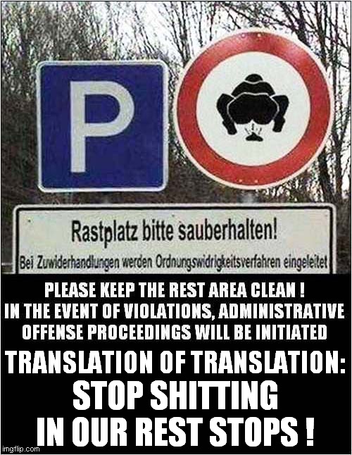 Keeping 'Deutschland' Clean ! | STOP SHITTING IN OUR REST STOPS ! TRANSLATION OF TRANSLATION: | image tagged in signs,translation,dark humour | made w/ Imgflip meme maker