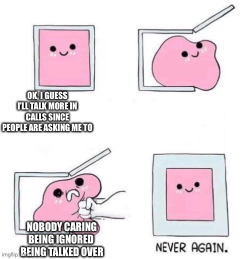 Never again | OK, I GUESS I’LL TALK MORE IN CALLS SINCE PEOPLE ARE ASKING ME TO; NOBODY CARING
BEING IGNORED 
BEING TALKED OVER | image tagged in never again | made w/ Imgflip meme maker