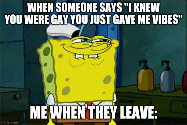 Don't You Squidward | WHEN SOMEONE SAYS "I KNEW YOU WERE GAY YOU JUST GAVE ME VIBES"; ME WHEN THEY LEAVE: | image tagged in memes,don't you squidward | made w/ Imgflip meme maker