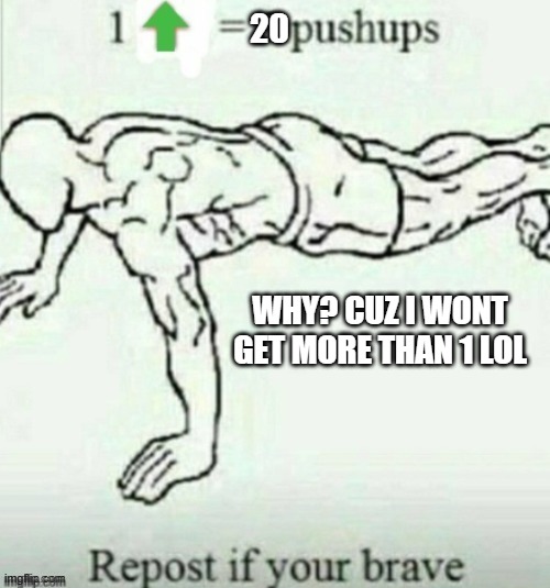 Repost and Like for Pushups | 20; WHY? CUZ I WONT GET MORE THAN 1 LOL | image tagged in repost and like for pushups | made w/ Imgflip meme maker