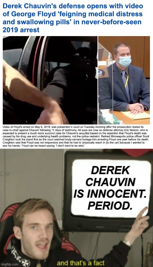 HE WALKS. PERIOD. | DEREK CHAUVIN IS INNOCENT. PERIOD. | image tagged in and that's a fact,george floyd,blm,trial | made w/ Imgflip meme maker