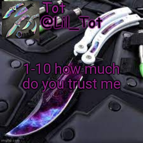 Lil_Tot Temp | 1-10 how much do you trust me | image tagged in lil_tot temp | made w/ Imgflip meme maker
