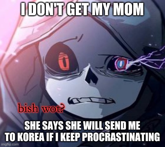 wtf | I DON'T GET MY MOM; SHE SAYS SHE WILL SEND ME TO KOREA IF I KEEP PROCRASTINATING | image tagged in dust sans bish wot | made w/ Imgflip meme maker