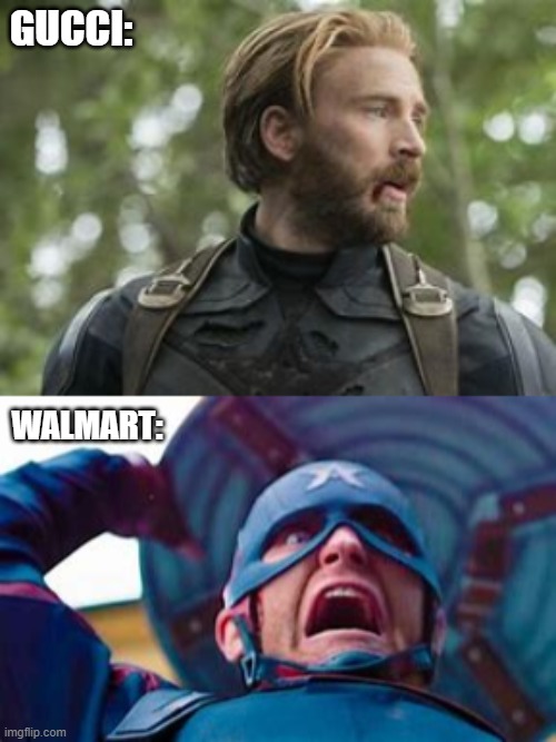 Gucci Steve superiority | GUCCI:; WALMART: | image tagged in marvel,captain america,steve rogers,john walker,funny,gucci | made w/ Imgflip meme maker