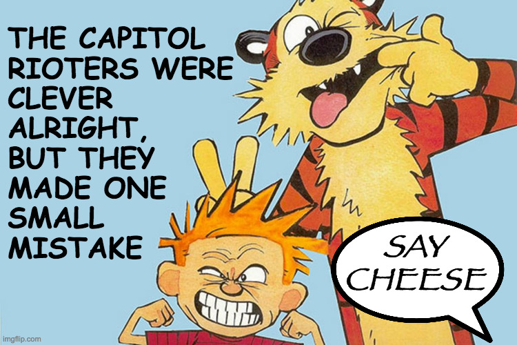 Just some very fine people getting involved in the political process | THE CAPITOL
RIOTERS WERE
CLEVER
ALRIGHT,
BUT THEY
MADE ONE
SMALL
MISTAKE; SAY CHEESE | image tagged in memes,capitol rioters,cheese,famous,treason,calvin and hobbes | made w/ Imgflip meme maker
