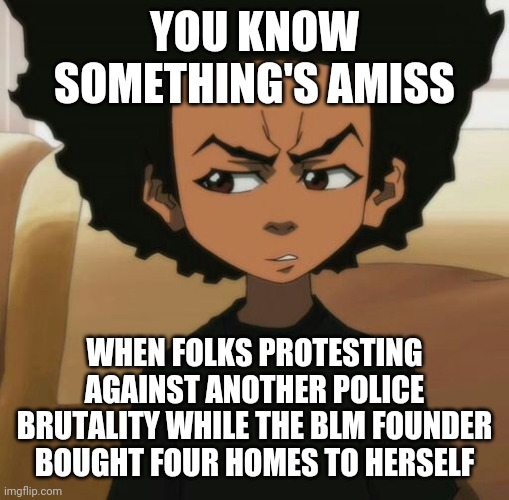 Hmmm.... | YOU KNOW SOMETHING'S AMISS; WHEN FOLKS PROTESTING AGAINST ANOTHER POLICE BRUTALITY WHILE THE BLM FOUNDER BOUGHT FOUR HOMES TO HERSELF | image tagged in huey freeman 1,politics,memes | made w/ Imgflip meme maker