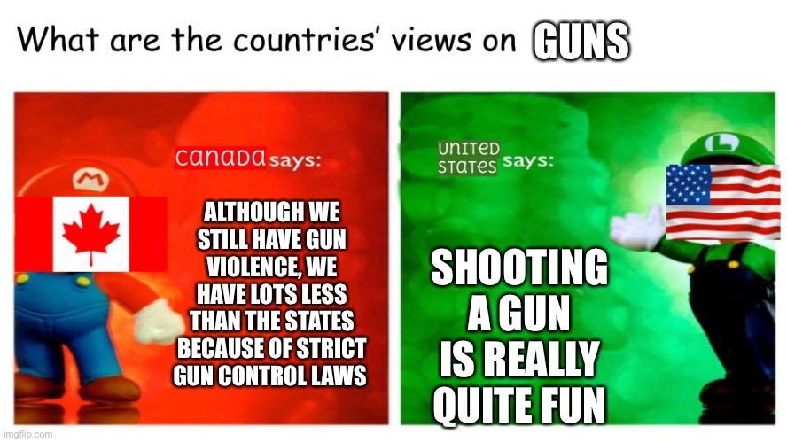 What are the countries' views on | GUNS; ALTHOUGH WE STILL HAVE GUN VIOLENCE, WE HAVE LOTS LESS THAN THE STATES BECAUSE OF STRICT GUN CONTROL LAWS; SHOOTING A GUN IS REALLY QUITE FUN | image tagged in what are the countries' views on | made w/ Imgflip meme maker