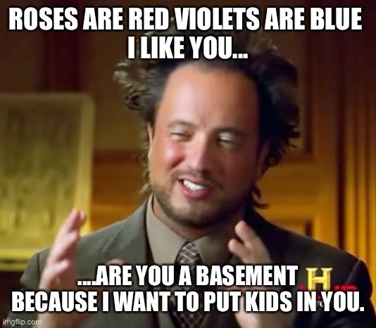 Pick up lines 101 | ROSES ARE RED VIOLETS ARE BLUE 
I LIKE YOU... ....ARE YOU A BASEMENT BECAUSE I WANT TO PUT KIDS IN YOU. | image tagged in memes,ancient aliens | made w/ Imgflip meme maker