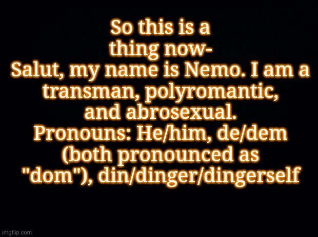 :v | So this is a thing now-
Salut, my name is Nemo. I am a transman, polyromantic, and abrosexual.
Pronouns: He/him, de/dem (both pronounced as "dom"), din/dinger/dingerself | image tagged in black background | made w/ Imgflip meme maker