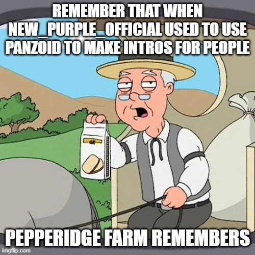 i remember that... i remember how she makes intros for people | REMEMBER THAT WHEN NEW_PURPLE_OFFICIAL USED TO USE PANZOID TO MAKE INTROS FOR PEOPLE; PEPPERIDGE FARM REMEMBERS | image tagged in memes,pepperidge farm remembers | made w/ Imgflip meme maker