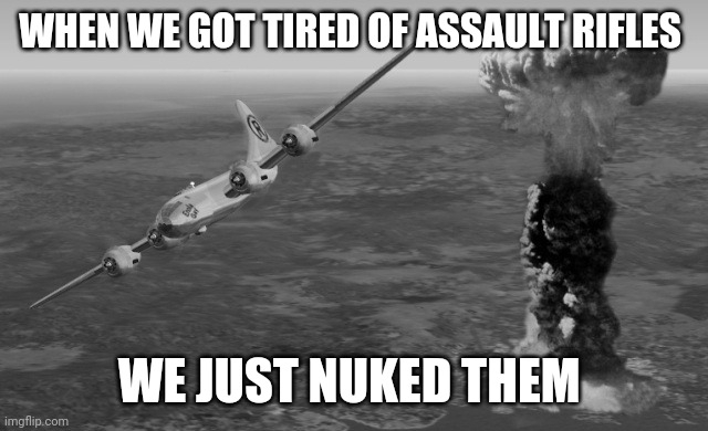 Hiroshima | WHEN WE GOT TIRED OF ASSAULT RIFLES WE JUST NUKED THEM | image tagged in hiroshima | made w/ Imgflip meme maker