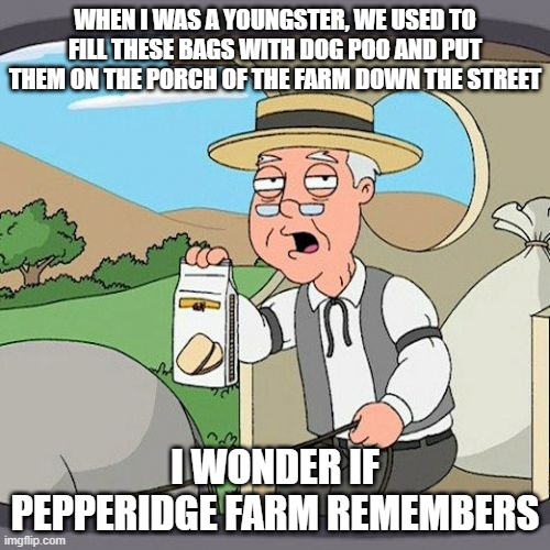 Poopoo Plater | WHEN I WAS A YOUNGSTER, WE USED TO FILL THESE BAGS WITH DOG POO AND PUT THEM ON THE PORCH OF THE FARM DOWN THE STREET; I WONDER IF PEPPERIDGE FARM REMEMBERS | image tagged in memes,pepperidge farm remembers | made w/ Imgflip meme maker