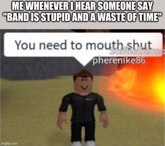 Mouth shut | ME WHENEVER I HEAR SOMEONE SAY "BAND IS STUPID AND A WASTE OF TIME" | image tagged in you need to mouth shut | made w/ Imgflip meme maker