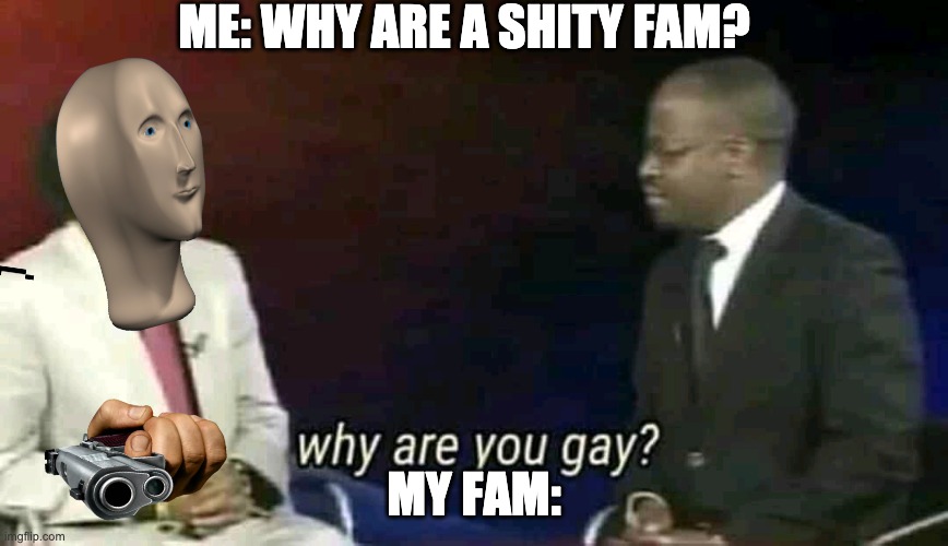 Why are you gay? | ME: WHY ARE A SHITY FAM? MY FAM: | image tagged in why are you gay | made w/ Imgflip meme maker