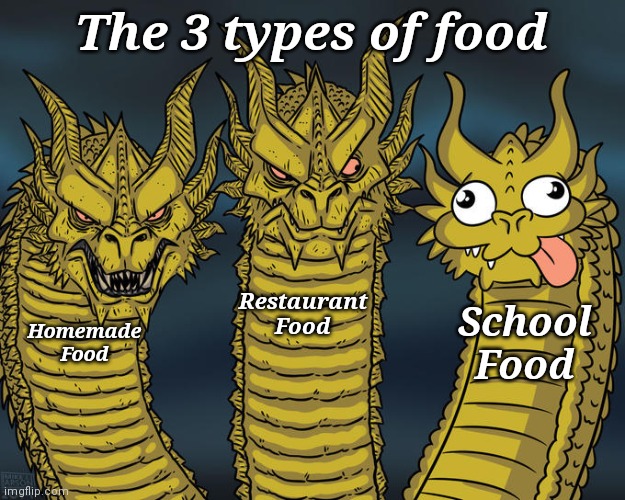 Three-headed Dragon | The 3 types of food; Restaurant Food; School Food; Homemade Food | image tagged in three-headed dragon | made w/ Imgflip meme maker