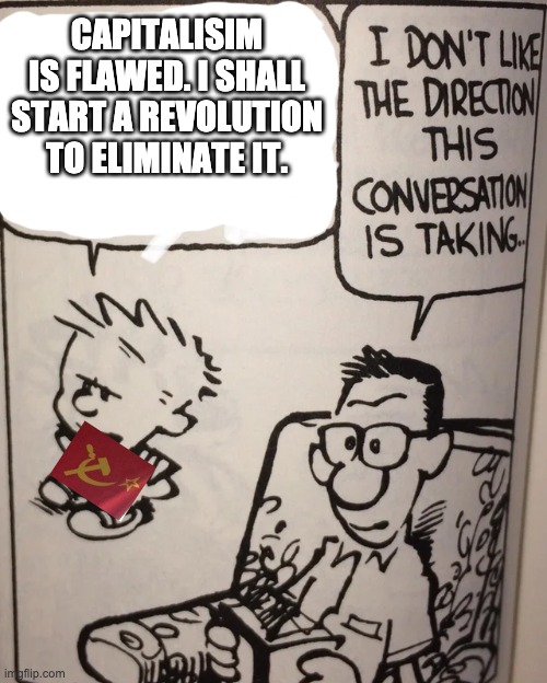 I Don't Like The Direction This Conversation Is Taking... | CAPITALISIM IS FLAWED. I SHALL START A REVOLUTION TO ELIMINATE IT. | image tagged in i don't like the direction this conversation is taking | made w/ Imgflip meme maker