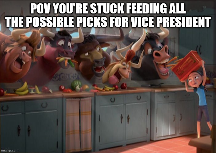 Girl feeding bulls | POV YOU'RE STUCK FEEDING ALL THE POSSIBLE PICKS FOR VICE PRESIDENT | image tagged in girl feeding bulls | made w/ Imgflip meme maker