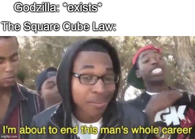 Clumsy please put this in one of your videos | Godzilla: *exists*; The Square Cube Law: | image tagged in i m about to end this man s whole career,memes,science,godzilla | made w/ Imgflip meme maker