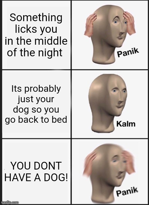 Well crap. | Something licks you in the middle of the night; Its probably just your dog so you go back to bed; YOU DONT HAVE A DOG! | image tagged in memes,panik kalm panik,oh wow are you actually reading these tags,yes,this is not okie dokie | made w/ Imgflip meme maker