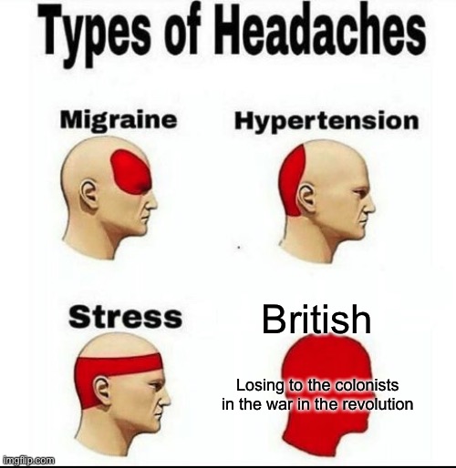 Types of Headaches meme | British; Losing to the colonists in the war in the revolution | image tagged in types of headaches meme | made w/ Imgflip meme maker