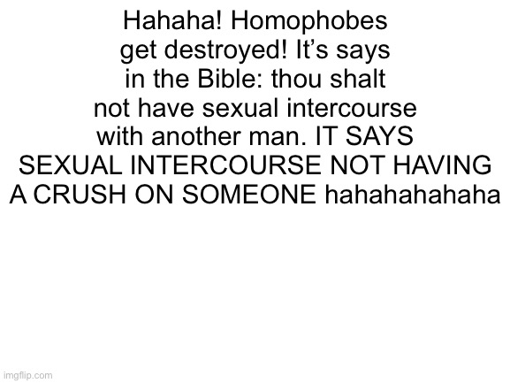 Blank White Template | Hahaha! Homophobes get destroyed! It’s says in the Bible: thou shalt not have sexual intercourse with another man. IT SAYS SEXUAL INTERCOURSE NOT HAVING A CRUSH ON SOMEONE hahahahahaha | image tagged in blank white template,lgbtq,homophobic | made w/ Imgflip meme maker