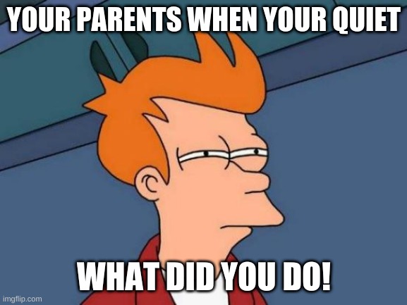 Futurama Fry | YOUR PARENTS WHEN YOUR QUIET; WHAT DID YOU DO! | image tagged in memes,futurama fry | made w/ Imgflip meme maker