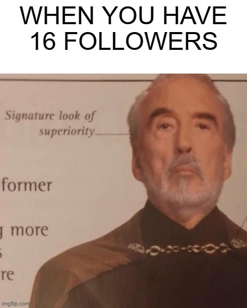 Signature Look of superiority | WHEN YOU HAVE 16 FOLLOWERS | image tagged in signature look of superiority | made w/ Imgflip meme maker