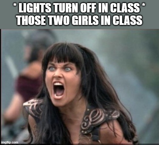 Screaming Woman | * LIGHTS TURN OFF IN CLASS *

THOSE TWO GIRLS IN CLASS | image tagged in screaming woman | made w/ Imgflip meme maker