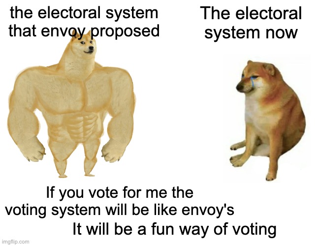 Vote me, for a fun imgflip and a fun voting system | the electoral system that envoy proposed; The electoral system now; If you vote for me the voting system will be like envoy's; It will be a fun way of voting | image tagged in memes,buff doge vs cheems | made w/ Imgflip meme maker