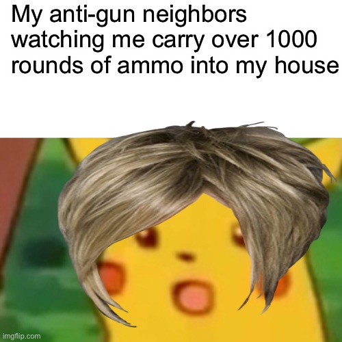 Yes I do own guns | My anti-gun neighbors watching me carry over 1000 rounds of ammo into my house | image tagged in surprised pikachu | made w/ Imgflip meme maker