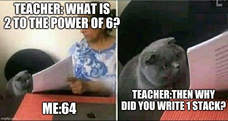 only mc players will get | TEACHER: WHAT IS 2 TO THE POWER OF 6? TEACHER:THEN WHY DID YOU WRITE 1 STACK? ME:64 | image tagged in black cat and teacher | made w/ Imgflip meme maker