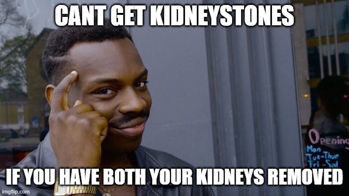 im afraid of getting kidney stones | CANT GET KIDNEYSTONES; IF YOU HAVE BOTH YOUR KIDNEYS REMOVED | image tagged in memes,roll safe think about it | made w/ Imgflip meme maker