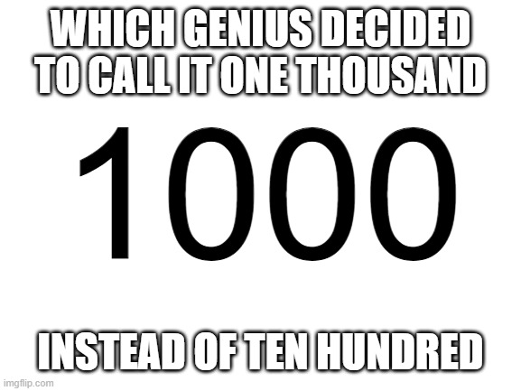 Blank White Template | WHICH GENIUS DECIDED TO CALL IT ONE THOUSAND; 1000; INSTEAD OF TEN HUNDRED | image tagged in blank white template | made w/ Imgflip meme maker