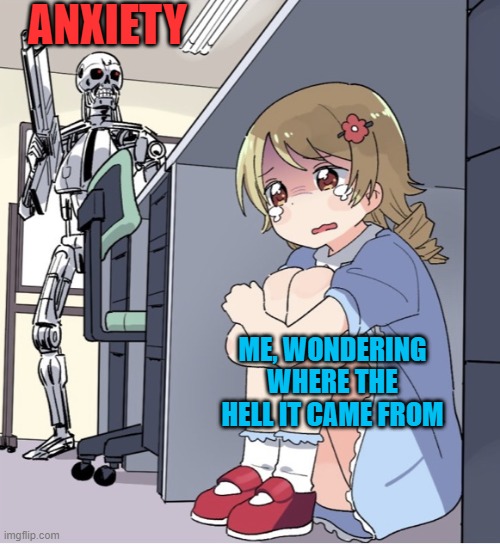 Anxiety | ANXIETY; ME, WONDERING WHERE THE HELL IT CAME FROM | image tagged in anime girl hiding from terminator | made w/ Imgflip meme maker