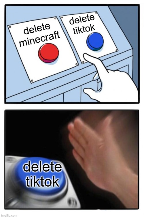 Two buttons one blue button Redux | delete tiktok; delete minecraft; delete tiktok | image tagged in two buttons one blue button redux | made w/ Imgflip meme maker
