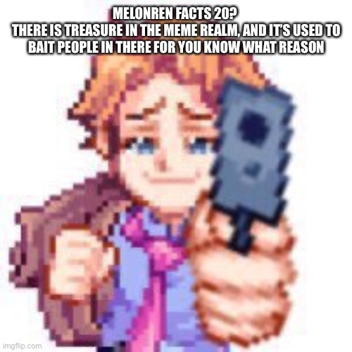 MELONREN FACTS 20? 
THERE IS TREASURE IN THE MEME REALM, AND IT’S USED TO BAIT PEOPLE IN THERE FOR YOU KNOW WHAT REASON | image tagged in melonren facts | made w/ Imgflip meme maker