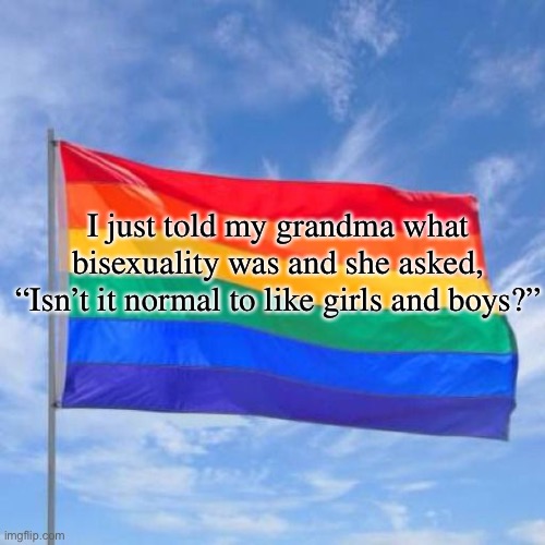 Gay pride flag | I just told my grandma what bisexuality was and she asked, “Isn’t it normal to like girls and boys?” | image tagged in gay pride flag | made w/ Imgflip meme maker