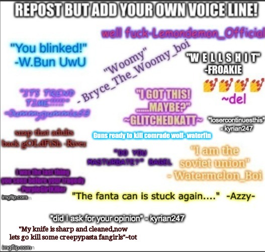 Guns ready to kill comrade wolf- waterfin | made w/ Imgflip meme maker