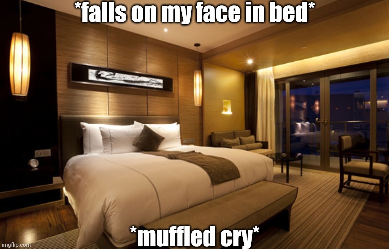 Hotel room | *falls on my face in bed*; *muffled cry* | image tagged in hotel room | made w/ Imgflip meme maker
